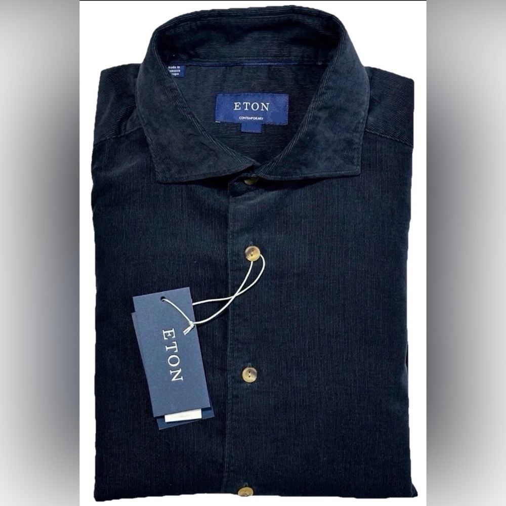 $395 NEW ETON CORDUROY DRESS SHIRT XL 17 43 DARK NAVY FINE PIN WALE CONTEMPORARY
